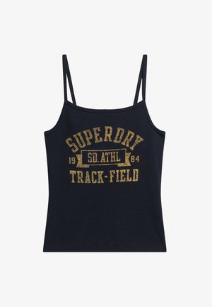 Marineblauwe tanktop met dunne bandjes en een geribbelde textuur. Gouden zeefdruk met "SUPERDRY TRACK-FIELD" graphic aan de voorkant.