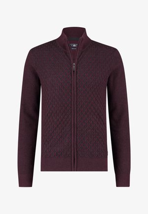 Maglione da uomo bordeaux scuro con zip intera, motivo a maglia testurizzata a diamante sul davanti e polsini e orlo a coste.