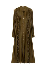 Robe longue vert olive en tissu plissé, avec boutonnage sur le devant, bordure à volants sur l'avant, manches longues et un col avec nœud à faire.