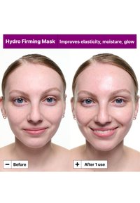 Gezicht van jonge vrouw voor en na één keer gebruik van de Hydro Firming Masker, met zichtbaar verbeterde huidgloed, vochtigheid en elasticiteit.