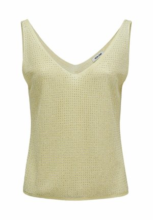 Top sin mangas de punto color amarillo claro con escote en V y pequeña etiqueta de tela en el borde del hombro izquierdo.