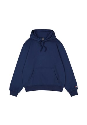 Navy blue hoodie made of soft fabric, featuring a front pocket, adjustable drawstring hood, and ribbed cuffs. Small logo on the chest.