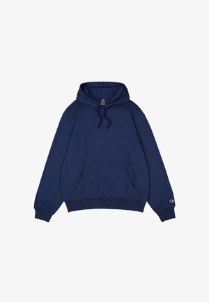 Granatowy sweatshirt z miękkiego materiału, z przednią kieszenią, regulowanym kapturem i ściągaczami na rękawach. Małe logo na klatce piersiowej.