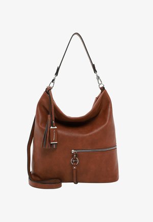 Sac à épaule en cuir marron avec un design décontracté, poche zippée, détail de frange et deux sangles pour plus de polyvalence.