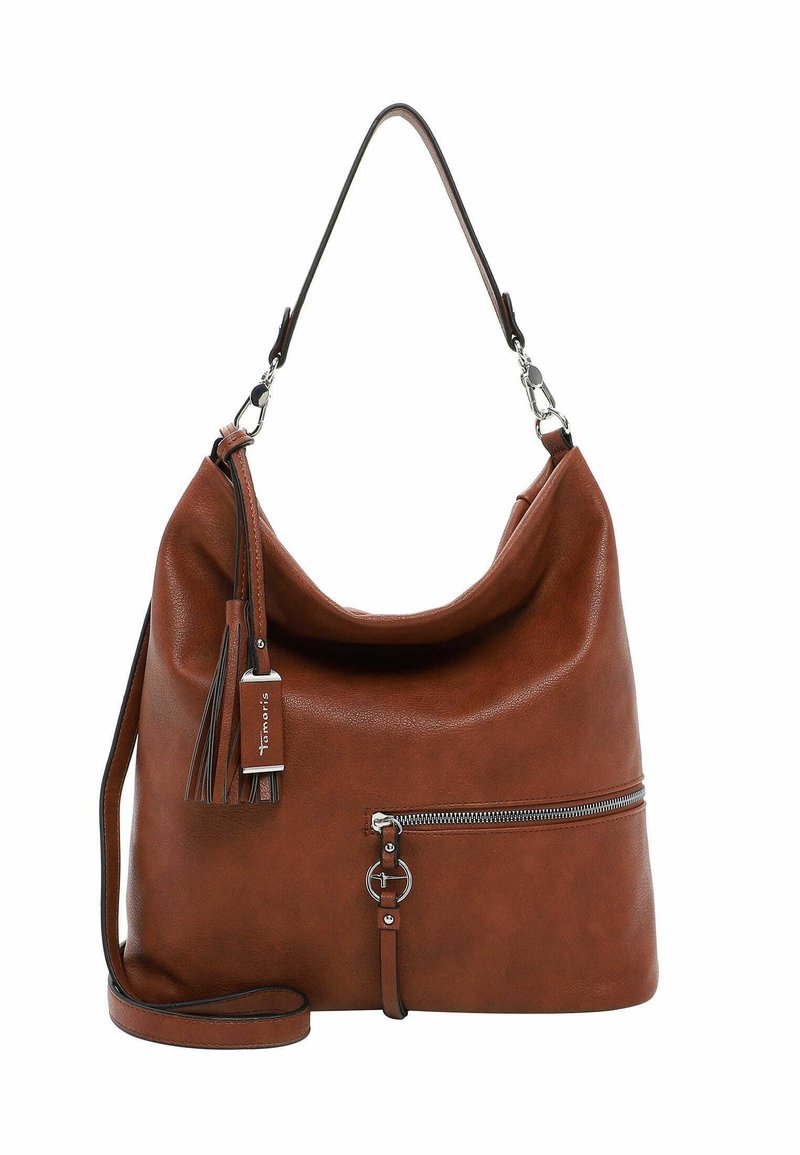 Sac à épaule en cuir marron avec un design décontracté, poche zippée, détail de frange et deux sangles pour plus de polyvalence.