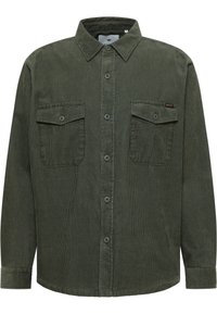 Grünes Cordhemd mit langen Ärmeln, einer durchgehenden Knopfleiste, zwei Brusttaschen und einem Kragen. Es hat ein strukturiertes, geripptes Stoffmuster.