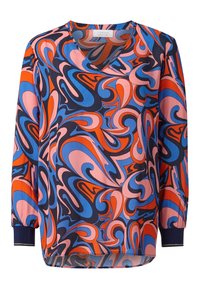 Blusa a maniche lunghe con motivi geometrici multicolore in rosa, blu e arancione su uno sfondo scuro, caratterizzata da scollatura a V e polsini elasticizzati.