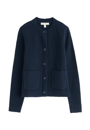 Navy knitted cardigan with a round neckline, front button closure, and two patch pockets. Textured fabric and ribbed cuffs.