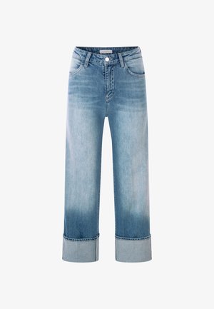 Helle blaue Jeans aus Denim mit hoher Taille, weitem Bein und umgeschlagenen Säumen. Besitzt ein klassisches Fünf-Taschen-Design und Details aus Kupfer.