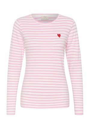 Camisa de manga larga con rayas horizontales rosas y blancas y un pequeño corazón rojo bordado en el lado izquierdo del pecho.