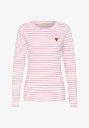 Camicia a maniche lunghe con strisce orizzontali rosa e bianche e un piccolo cuore rosso ricamato sul petto a sinistra.