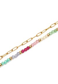 Collana in oro con perline sfaccettate colorate in verde, rosa, rosso, viola e trasparenti, intervallate da perline dorate.