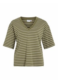 Camiseta verde olivo de cuello en V con rayas horizontales blancas, mangas cortas y un corte relajado. Presenta un tejido suave y liso con un diseño casual.