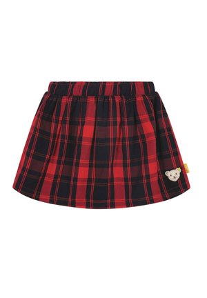 Roter und schwarzer Karorock mit elastischem Bund, der eine Teddy-Bären-Stickerei an der Seite und ein plissiertes Design aufweist.