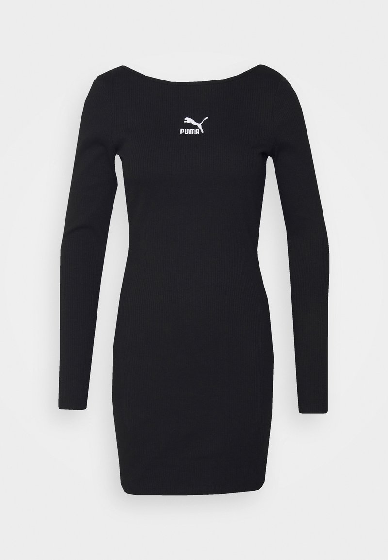 Svart ribbad långärmad klänning med båtkrage. Har PUMA-logotypen i vitt på bröstet. Kroppsnära silhuett.