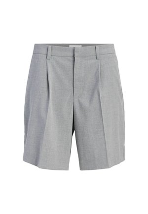Lysegrå skræddersyede shorts med frontplisser, bæltestropper og skjult frontlukning.