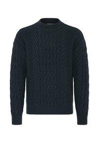 Pull en maille bleu marine avec un col rond, présentant un motif de tricot en câble texturé et des bords côtelés aux poignets et à l'ourlet. Fabriqué en laine épaisse.