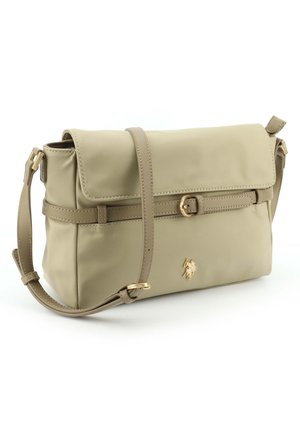 Beige rechteckige Schultertasche mit Klappe, verstellbarem Riemen, kleiner Frontschnalle und goldenem Pferdelogo-Detail.