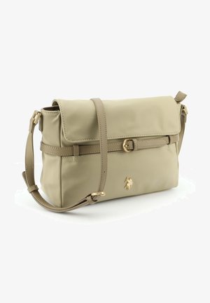 Beige rechteckige Schultertasche mit Klappe, verstellbarem Riemen, kleiner Frontschnalle und goldenem Pferdelogo-Detail.