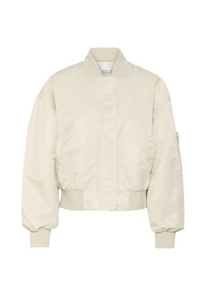 Lys beige bomberjakke med en glat overflade, ribbede manchetter og kant samt en lynlås lomme på venstre ærme. Klassisk, cropped design.