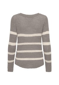 Suéter de punto gris con mangas largas, con rayas blancas horizontales. La parte posterior tiene un escote redondeado y un diseño de corte relajado.