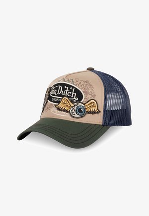 Tan baseball cap with mesh blue back, green brim, and embroidered patch featuring an eye with wings. Decorative graphics in muted colors.