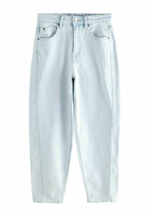 Svetlomodré denim rifle s vysokým pásom, rovnými nohavicami, prednými a zadnými vreckami, s jemne vyblednutou textúrou.