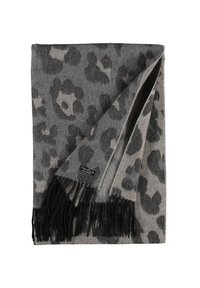 Écharpe à imprimé léopard gris et noir avec des franges noires, partiellement pliée pour montrer la texture et une petite étiquette de marque.