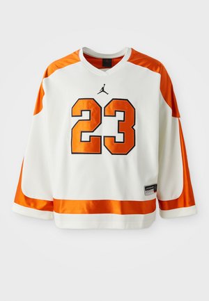 White and orange long-sleeve sports jersey with number 23 in bold orange and the Jumpman logo above the number on the front.