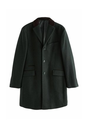 Dunkelgrüner Wollmantel mit strukturiertem Finish, einreihigem Design, Reverskragen und braunem Samtkragen. Mit vorderen Taschen und Knopfverschluss.