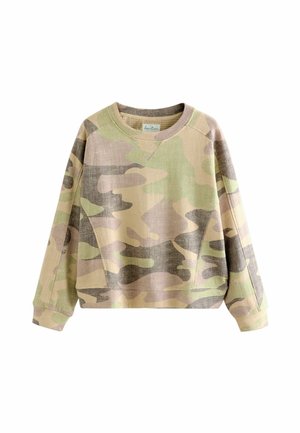 Beige, grün und grau gemusterter Sweatshirt im Camouflage-Design. Weicher, strukturierter Stoff mit lässigem Schnitt und gerippten Bündchen und Kragen.