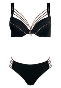 Czarny zestaw bielizny składający się z biustonosza z wieloma złotymi akcentami i paskami oraz pasujących, wysokich majtek bikini z bocznymi detalami w postaci pasków.