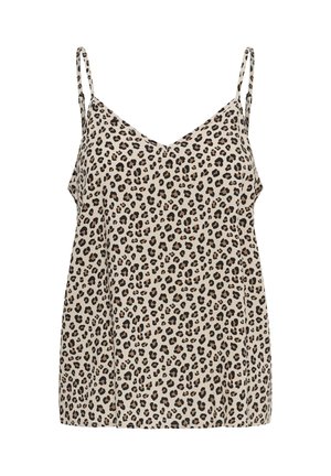 Beige sleeveless camisole top with thin adjustable straps and black and brown leopard print pattern.