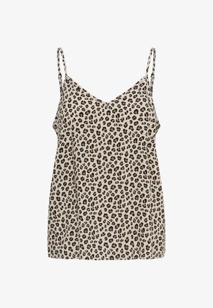 Beige sleeveless camisole top with thin adjustable straps and black and brown leopard print pattern.
