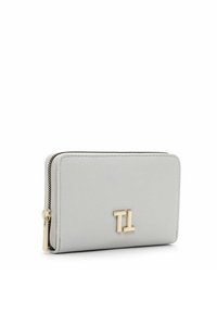 Gray leather wallet with a rectangular shape, gold hardware, and a logo accent. Features a zip closure and textured surface.