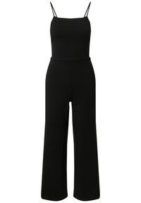 Zwarte jumpsuit van rekbare stof, met een getailleerde bovenkant, dunne schouderbandjes en brede pijpen voor een ontspannen silhouet.