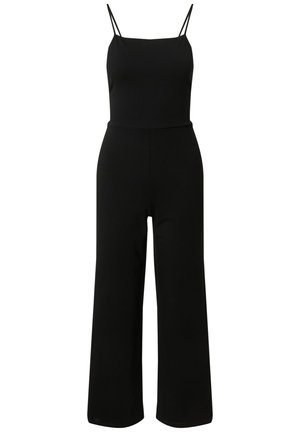 Zwarte jumpsuit van rekbare stof, met een getailleerde bovenkant, dunne schouderbandjes en brede pijpen voor een ontspannen silhouet.