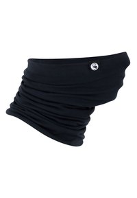 Gaiter nero realizzato in materiale morbido ed elastico; presenta una texture arricciata con una patch del logo sul lato.