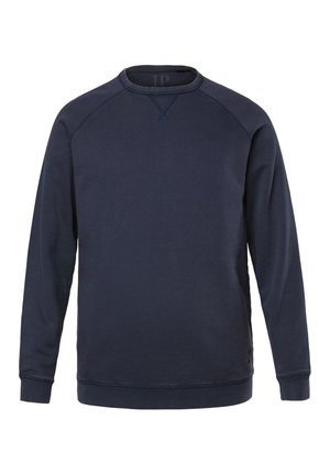 Sudadera azul marino con cuello redondo, mangas largas, puños y bajo acanalados, con un pequeño detalle cosido debajo del escote.