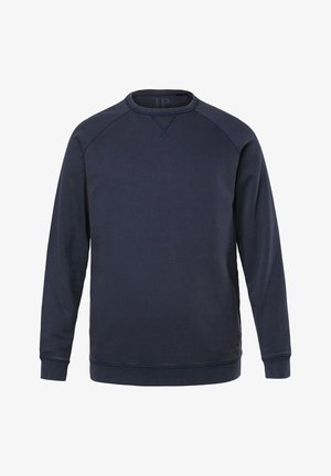 Navy blue crewneck sweatshirt with long sleeves, ribbed cuffs and hem, featuring a small stitched detail below the neckline.