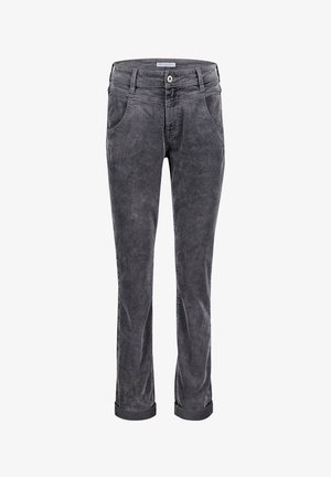 Grå kordfløjl bukser med lige snit, der har fem lommer, bæltestropper og optrukne manchetter for et afslappet look. Tekstureret stoffinish.