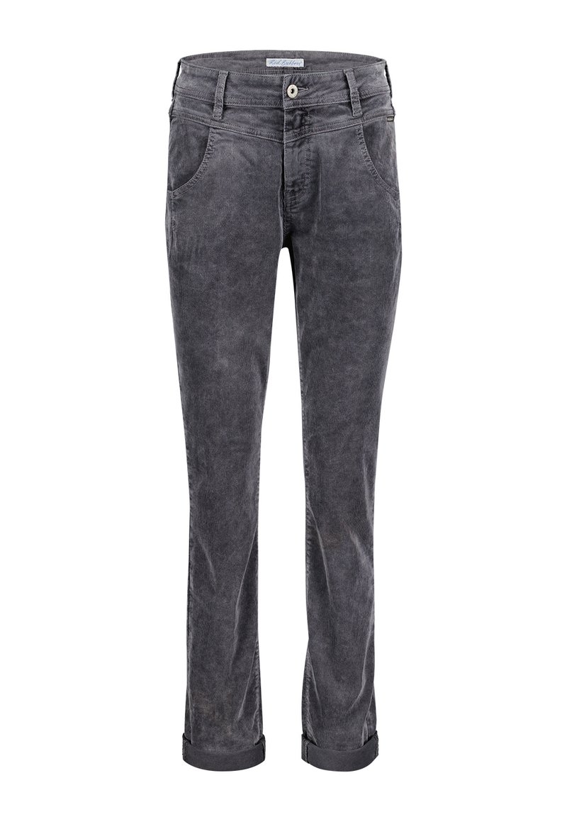 Grå kordfløjl bukser med lige snit, der har fem lommer, bæltestropper og optrukne manchetter for et afslappet look. Tekstureret stoffinish.