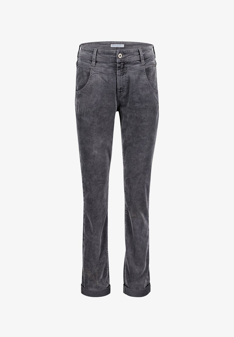 Grå kordfløjl bukser med lige snit, der har fem lommer, bæltestropper og optrukne manchetter for et afslappet look. Tekstureret stoffinish.