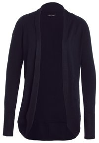 Schwarze, offene Strickjacke mit langen Ärmeln, aus weichem Strickstoff gefertigt. Bietet eine lockere Passform und gerippte Bündchen an den Ärmelsäumen.