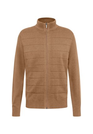 Beige Zip-up-Cardigan mit gerippter Textur und horizontalen Blockmustern, ausgestattet mit einem Stehkragen und langen Ärmeln.