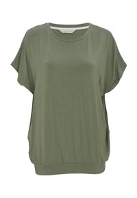 Groen kortarmig top gemaakt van zachte, lichte stof. Heeft een losse pasvorm met een ronde halslijn en een geplooide zoom bij de taille.