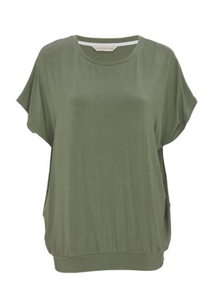 Zielony top z krótkim rękawem, wykonany z miękkiego, lekkiego materiału. Charakteryzuje się luźnym krojem, okrągłym dekoltem oraz marszczonym dołem w talii.
