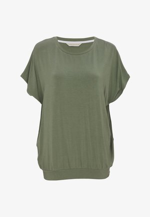 Zielony top z krótkim rękawem, wykonany z miękkiego, lekkiego materiału. Charakteryzuje się luźnym krojem, okrągłym dekoltem oraz marszczonym dołem w talii.