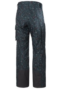 Cargo-broek in donker teal met een gespikkeld patroon van grijs en bordeauxrood, voorzien van zijzakken en versterkte boorden in effen zwart.