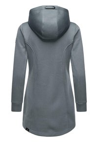 Grijze lange hoodie met ribbelstructuur, aansluitende vorm en zijpanelen. Voorzien van een trekkoordcapuchon en ribbelmanchetten, met logo-label aan de onderkant.